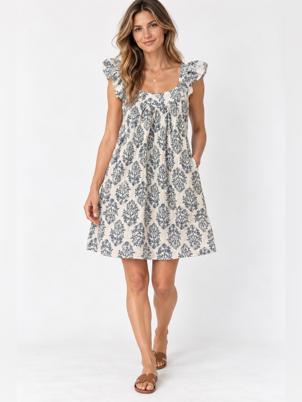 Rachel Zoe Floral Cotton Dress Blue White Flutter Sleeve Dress | Cottagecore | M